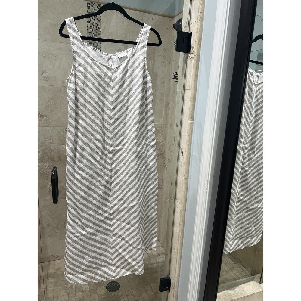 J Jill Love Linen Maxi Dress Beige Cream Chevron Stripe Sleeveless Medium
